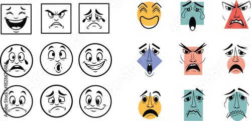 Cartoon faces expressing different emotions in black and color