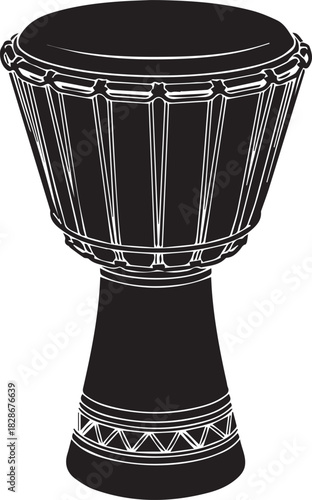 Stylized black and white illustration of an african djembe drum