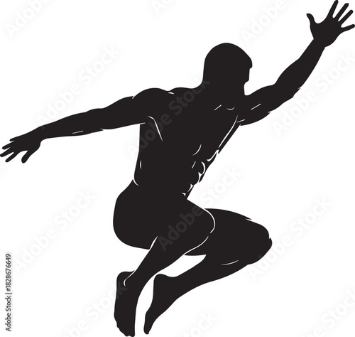 Silhouette of a dynamic male athlete in mid jump against a white background