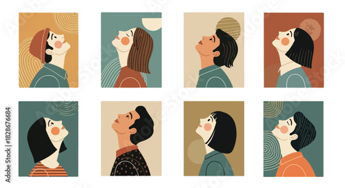 Faces looking up with abstract shapes and colors