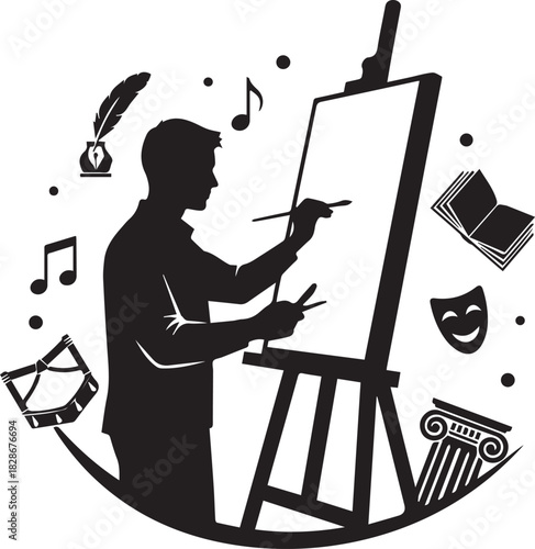 Artist painting on easel surrounded by symbols of creativity and arts