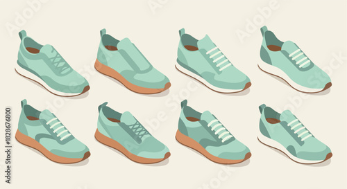 Mint sneakers isometric view set with transparent background