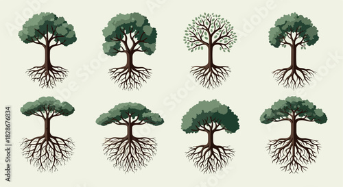 Tree roots and foliage set with transparent background