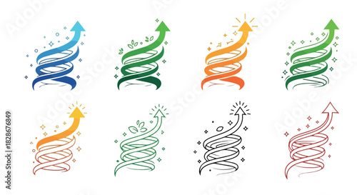 Upward arrow icons with helix and sparkling elements