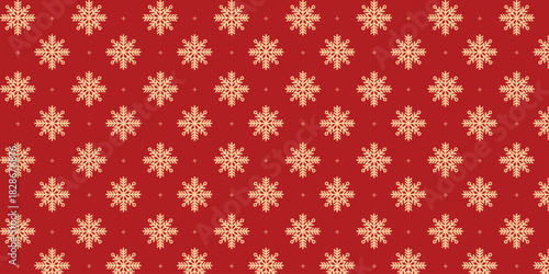 Elegant seamless pattern with golden snowflakes and tiny stars on a rich red background, perfect for Christmas wrapping paper, festive textiles, greeting cards, invitations and seasonal holiday design