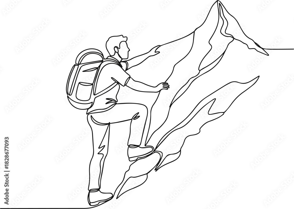 Fototapeta premium Isolated a Man climbs the mountains in one continuous line drawing. Traveler with backpack is hiking in simple linear style. Leadership development Editable stroke. Doodle outline vector art with whit