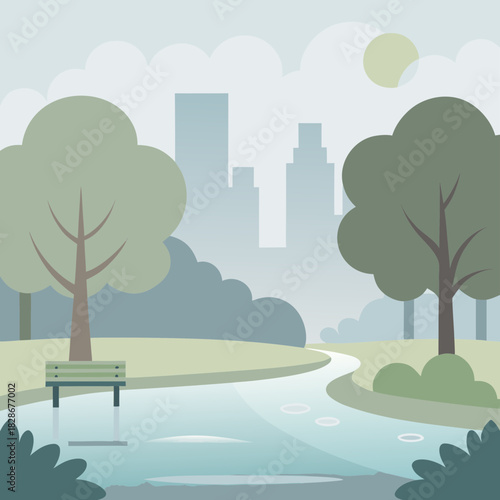 Urban park flat design illustration with city skyline backdrop