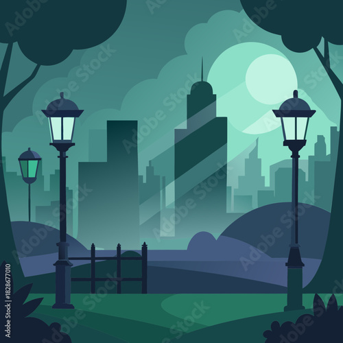 Urban park at night, glowing lamps, path, distant city skyline.