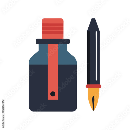 Traditional ink bottle and dip pen for writing and calligraphy