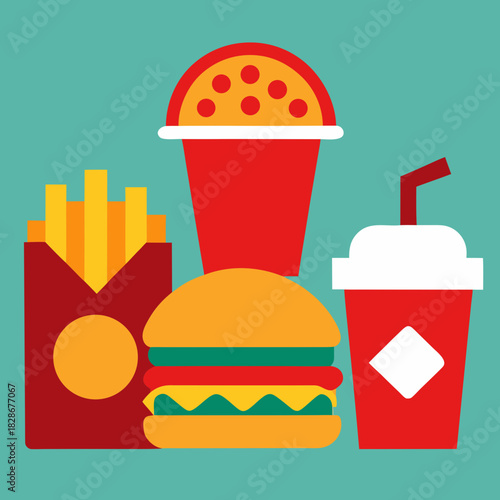 Fast food combo illustration with burger, fries, and two drinks