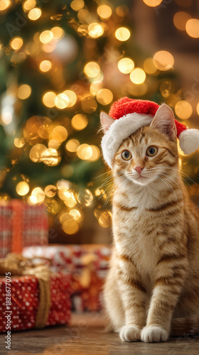 Festive cat with santa hat holiday celebration indoor setting cozy atmosphere close-up view christmas spirit
