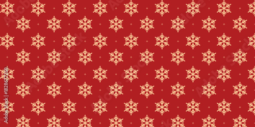 Elegant seamless pattern with golden snowflakes and tiny stars on a rich red background, perfect for Christmas wrapping paper, festive textiles, greeting cards, invitations and seasonal holiday design