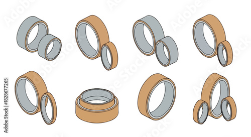 Interlocking rings set in various views