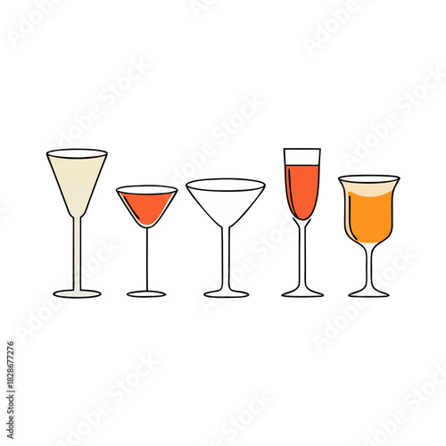 Illustration of assorted cocktail and beverage glasses for drinks