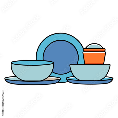 Vibrant illustrative kitchenware set with plates, bowls, and pot