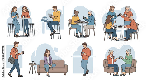 People socializing with coffee in various cafe settings