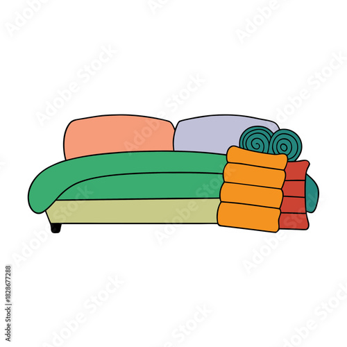 Stylized colorful sofa with cushions and throw blankets isolated
