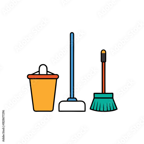 Household cleaning tools: bucket, mop, and broom for hygiene