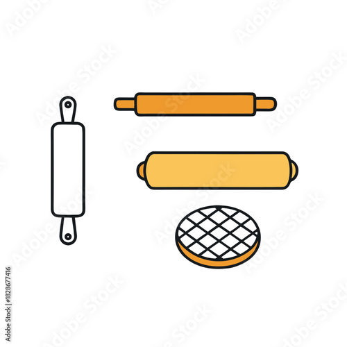 Kitchen baking tools and pie illustration for cooking projects