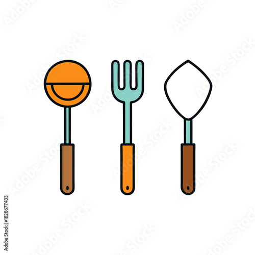 Essential kitchen cooking utensils icon set: ladle, fork, spatula