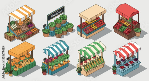 Farmers market stalls with fresh produce and greens
