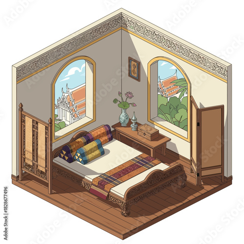 Isometric Bedroom Depicting Thai Interior Design with Temple View