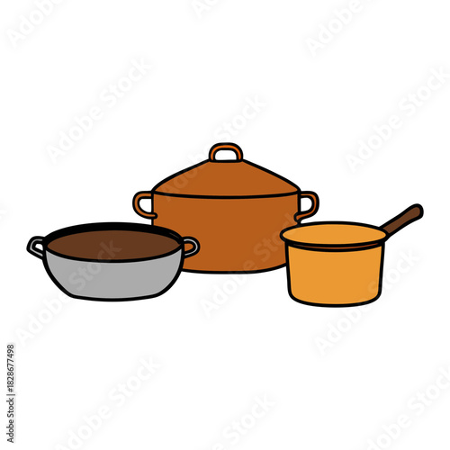 Kitchen cooking pots and pans set for food preparation vector icon