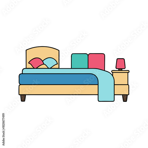 Flat design illustration of a cozy bed, pillows, and nightstand