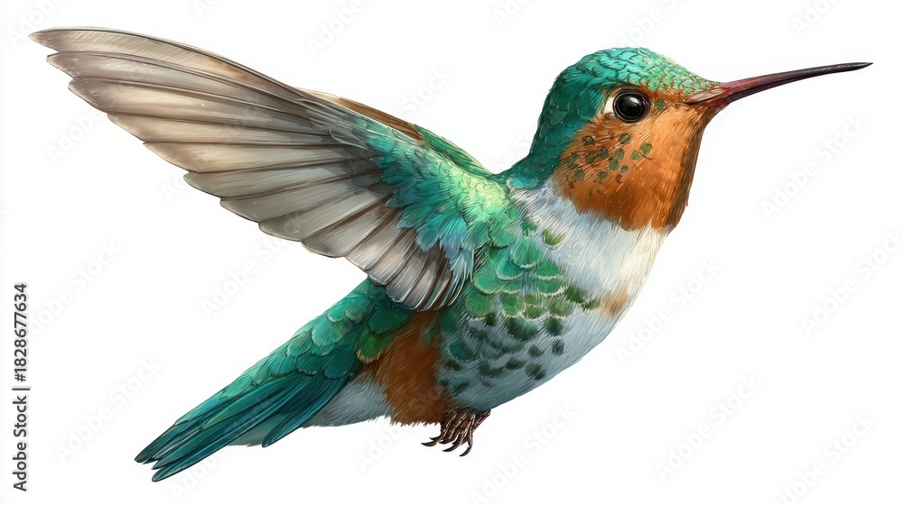 Fototapeta premium A vivid hummingbird hovers in mid air its bright green orange and white feathers shining. The bird's delicate wings are in motion emphasizing its agility and beauty.