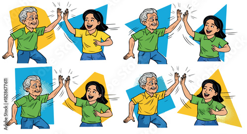 Elderly man and young woman high five celebration