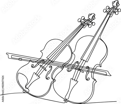 Isolated a Violin and cello in one continuous line drawing. String musical instrument for orchestra and concert banner in simple linear style. Editable stroke. Doodle vector art with white background