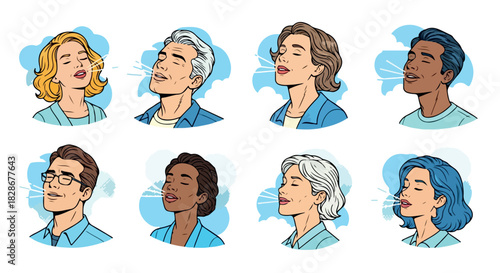 People exhaling with closed eyes in circles