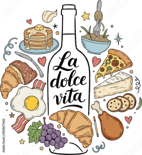 Isolated a Whimsical chalk wine and charcuterie board doodles. Quirky food of breakfast and dinner meals in crayon style. Trendy art for menus and invitations. La dolce vita italian vector art .