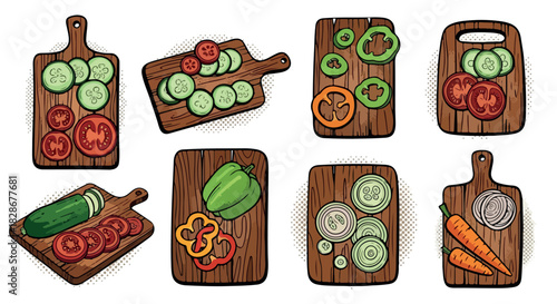 Sliced vegetables on wooden boards for cooking