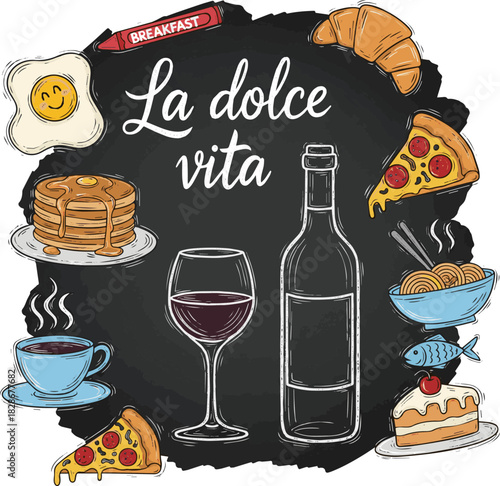  Isolated a Whimsical chalk doodles of wine glass and bottle. Quirky icons of breakfast and dinner meals in crayon style. Crayon drawing for menus and invitations. La dolce vita italian vector art.