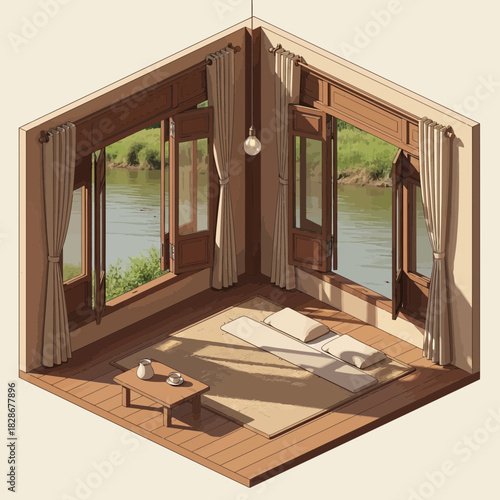 Isometric interior scene with riverside views and serene ambiance cartoonish