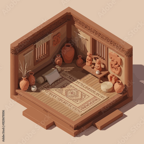 Isometric visualization of a traditional room, showcasing clay textures and decoration