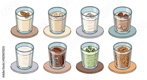 Assorted drinks with nuts on coasters