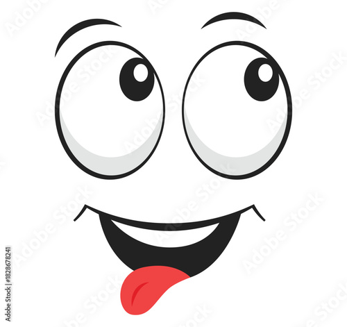 Smiling cartoon face emoji with tongue and eyes looking to the side. Vector illustration