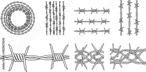 Barbed wire collection vector set of different barbed wire elements and shapes