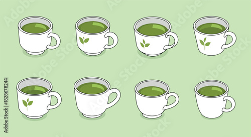 Green tea cups arranged in a row
