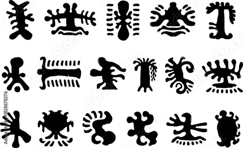 Ancient pictographs and rock art symbols in black and white illustration