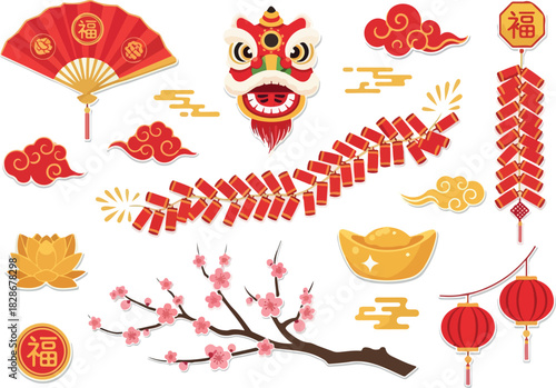 Festive Chinese New Year Decorations Lion Dance, Firecrackers, and More