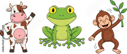 cartoon, animal, cow, frog, monkey, mascot, cute, vector, farm, jungle, happy, isolated, funny, children, illustration, cute animal, farm animal, happy cow, green frog, funny monkey, cartoon character