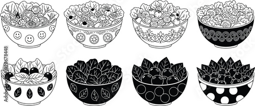 Set of eight decorative salad bowls, monochrome food collection, black and white healthy meal icons, cad drawing flat vector illustration