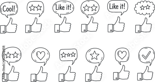Hand drawn thumbs up icons with social media words and symbols