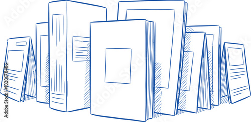 Blue sketch of a stack of books on white background