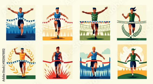 Athlete running sequence with finish line and awards