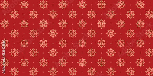 Elegant seamless pattern with golden snowflakes and tiny stars on a rich red background, perfect for Christmas wrapping paper, festive textiles, greeting cards, invitations and seasonal holiday design