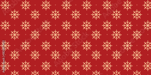 Elegant seamless pattern with golden snowflakes and tiny stars on a rich red background, perfect for Christmas wrapping paper, festive textiles, greeting cards, invitations and seasonal holiday design